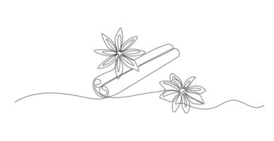 Cinnamon one continuous line illustration. Hand drawn sketch of anise star on white background vector