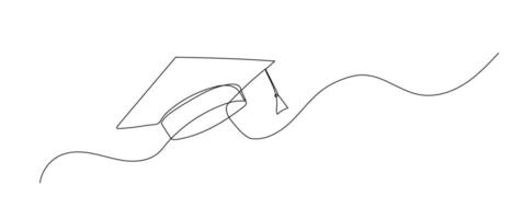Graduation cap one continuous line illustration. Hand drawn sketch of student hat on white background vector