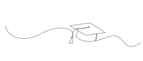 Graduation cap one line illustration. Hand drawn continuous sketch of student hat on white background vector