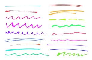 Marker highlight set, brush pen hand drawn color underline. Lines collection isolated on white. vector