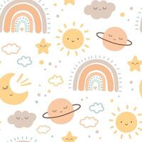 Bohemian baby pattern on white background. Seamless pattern in boho style with moon, sun and rainbow for textiles or fabric for newborns vector