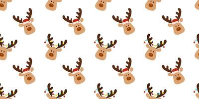 Seamless pattern with cute Christmas deer, animal head with Santa hat and lights on white background. Repeat backdrop for print. vector