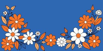A blue background with orange and white flowers and space for text vector