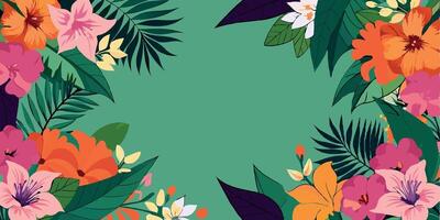 Tropical flowers and leaves on a green background with free space for text vector