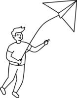 One single line drawing of young boy playing to flying kite up into the sky at outdoor field illustration. Modern continuous line draw graphic design. Kite outline and line art illustration. vector