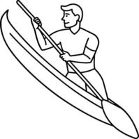 Single man continuous line drawing canoe trails and rafting club with kayaking equipment. Vintage mountain, rafting, kayaking, paddling, canoeing outline camping. Canoeing line art design. vector