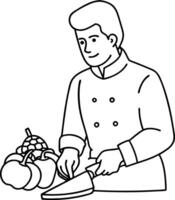 A chief man chopping vegetables line drawing using a knife on a chopping board. Cooking outline and line art illustration design. vector