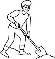 Single-man line drawing digging in dirt using a shovel. A man in a suit digs the outline ground with a spade. Hard-working process. Modern continuous line art design graphic illustration. vector