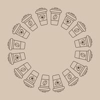 Disposable cups with coffee bean or decorative heart on label. Circle Frame in trendy pale brown. Copy space Template. Isolated illustration Coffee Day cards, leaflet, tag or web promo banner vector