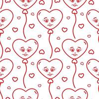 Outline heart shaped balloons with smiling face and decorative hearts Seamless pattern in minimalism. Isolated illustration Wallpaper Wrapping or web promo banner, posting, blog, tag background vector