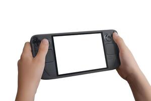 Close-up angled view of hands holding a handheld gaming console from the left side, isolated screen and background, perfect for game promotion and mockup presentations photo