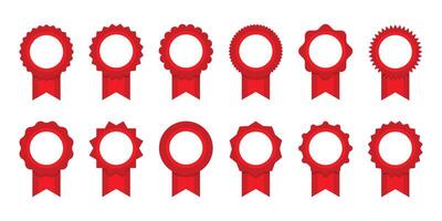 Red ribbon and banner. Medal set with ribbon. Red award badges. Set of premium quality and guarantee labels. vector