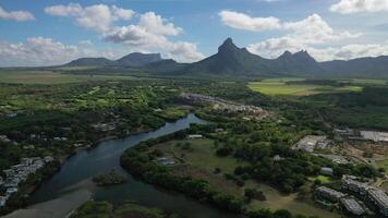 View From Height of Bird's Flight on the river Rempart and the mountain. Mauritius video