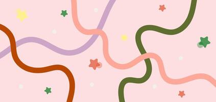 Abstract horizontal background with hand-drawn colorful wavy lines and stars. Pastel colored design template for greeting card, web banner, packaging, cover, print. vector