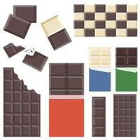Set of different chocolate bars, Wrapped, unwrapped and bitten pieces of chocolate, each isolated on white. vector