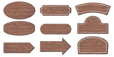 Blank signboard isolated various shapes made from cut timber panels and held together with brass rivets graphic illustrated. Set of nameplate wooden texture mocha mousse tone pattern frame. vector