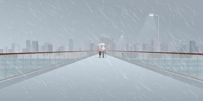 Cityscape in rainy day with couple of elderly lover walking in rain with umbrella on pedestrian bridge across the river have skycrapers and cloudy sky background graphic illustration. vector