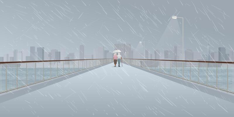 Cityscape in rainy day with couple of elderly lover walking in rain with umbrella on pedestrian bridge across the river have skycrapers and cloudy sky background graphic illustration.