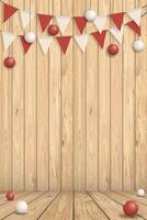 Wooden floor and wall background vertical template with red and white baubles hanging graphic illustration have blank space for advertisement or place the products presentation. vector