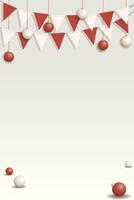 3D Red and white hanging flag garlands and baubles graphic illustration on light cream background have blank space. Merry Christmas greeting card vertical template. vector