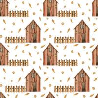 Farm with a fence and autumn leaves, a barn for storing grain, hay, with an open door and a burning lantern. Seamless watercolor pattern. All objects are hand-drawn with watercolors. For printing vector