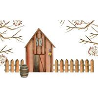 Farm, granary or barn with postcard door and lantern, fenced fence and garden with bare trees. All objects are hand-drawn with watercolor. Watercolor illustration. For printing on paper vector