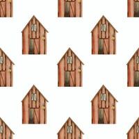A house, barn or shed for storing grain, hay and tools. Seamless watercolor pattern. All objects are hand-painted with watercolors. Suitable for wallpaper in a children's room, for textiles, printing vector
