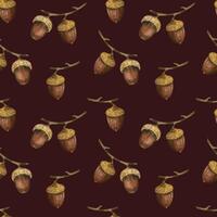 Acorns on a branch, hand-painted with brown and yellow watercolor. Watercolor seamless pattern. Suitable for printing on fabric, for home textiles, stationery and wallpaper for a child's room vector