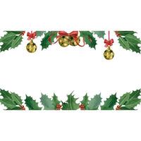 Rectangular Christmas card with green holly leaves and red berries, golden bells with red bows. Watercolor illustration. For printing on cards, invitations vector