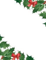 Christmas card made of holly leaves with red berries and a red festive bow. All objects are hand painted with watercolors. Watercolor card. Suitable for printing on card and invitation paper vector