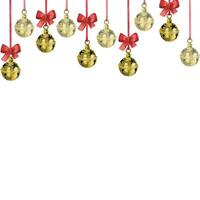 Golden bells with red ribbons and bows. All objects are hand-painted with watercolors. Christmas card, suitable for printing on invitations, postcards, for decorating textiles, dishes and packaging vector