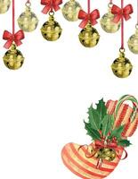Christmas stocking for gifts with a lollipop, holly branches, golden bells with red bows and ribbons. All objects are hand-painted with watercolors. Christmas card. For printing on invitations, cards vector