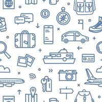 Monochrome seamless pattern with transports, tourism and adventure travel attributes drawn with blue contour lines on white background. Touristic backdrop. Modern illustration in lineart style vector