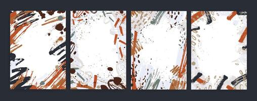 Collection of vertical backgrounds with abstract colorful paint stains, blots, smudges. Bundle of cards decorated with rough brush strokes. Set of decorative frames. Artistic illustration vector