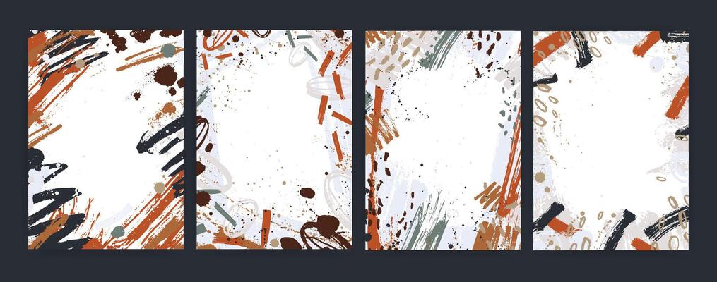 Collection of vertical backgrounds with abstract colorful paint stains, blots, smudges. Bundle of cards decorated with rough brush strokes. Set of decorative frames. Artistic illustration