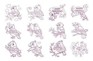 Valentines concept. Happy valentine's day icon bundle. Valentine bird with ribbon. Valentine icon outline. vector
