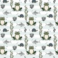 Seamless pattern with cute frog and turtle. Aquatic animals. Background with underwater characters. vector