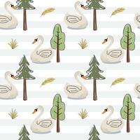 Seamless pattern with cute swan and trees. Wild birds. Childish background. Woodland wallpaper. vector