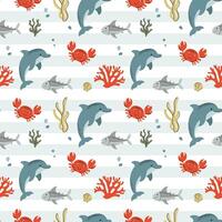 Seamless pattern with crab, dolphin. Cute marine animals. Cartoon sea. Background with underwater characters. vector