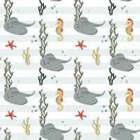 Seamless pattern with cute stingray. Marine animals. Cartoon sea. Background with underwater characters. vector