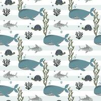 Seamless pattern with cute whale and turtle. Marine animals. Cartoon sea. Background with underwater characters. vector