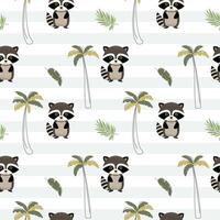 Seamless pattern with cute raccoon and palm trees. Childish jungle background. Tropical wallpaper. vector