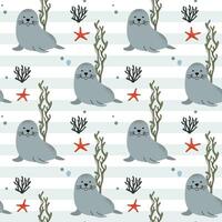 Seamless pattern with cute seal. Marine animals. Cartoon sea. Background with underwater characters. vector