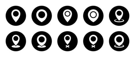 Location map pin icon set on black circle. Place marker sign symbol vector