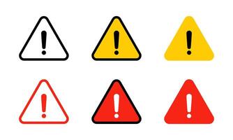 Alert warning sign icon set in flat design. Exclamation mark on triangle shape. Attention, caution symbol vector