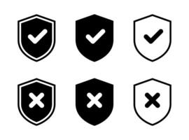 Shield with check mark and cross icon set. Safe and unsafe defense concept vector