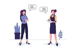 Businesswomen standing and talking together at work with computers and speech bubbles flat style illustration design vector