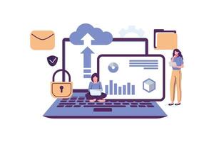 IT specialists administrate cloud service, data storage flat style illustration design vector