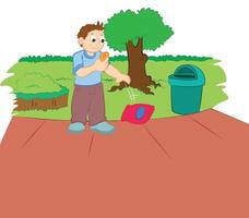 Boy eating biscuit and throwing wrapper on road vector