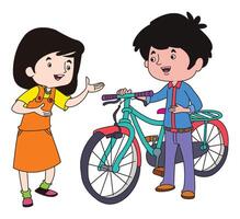 Cute boy with cycle and girl talking vector